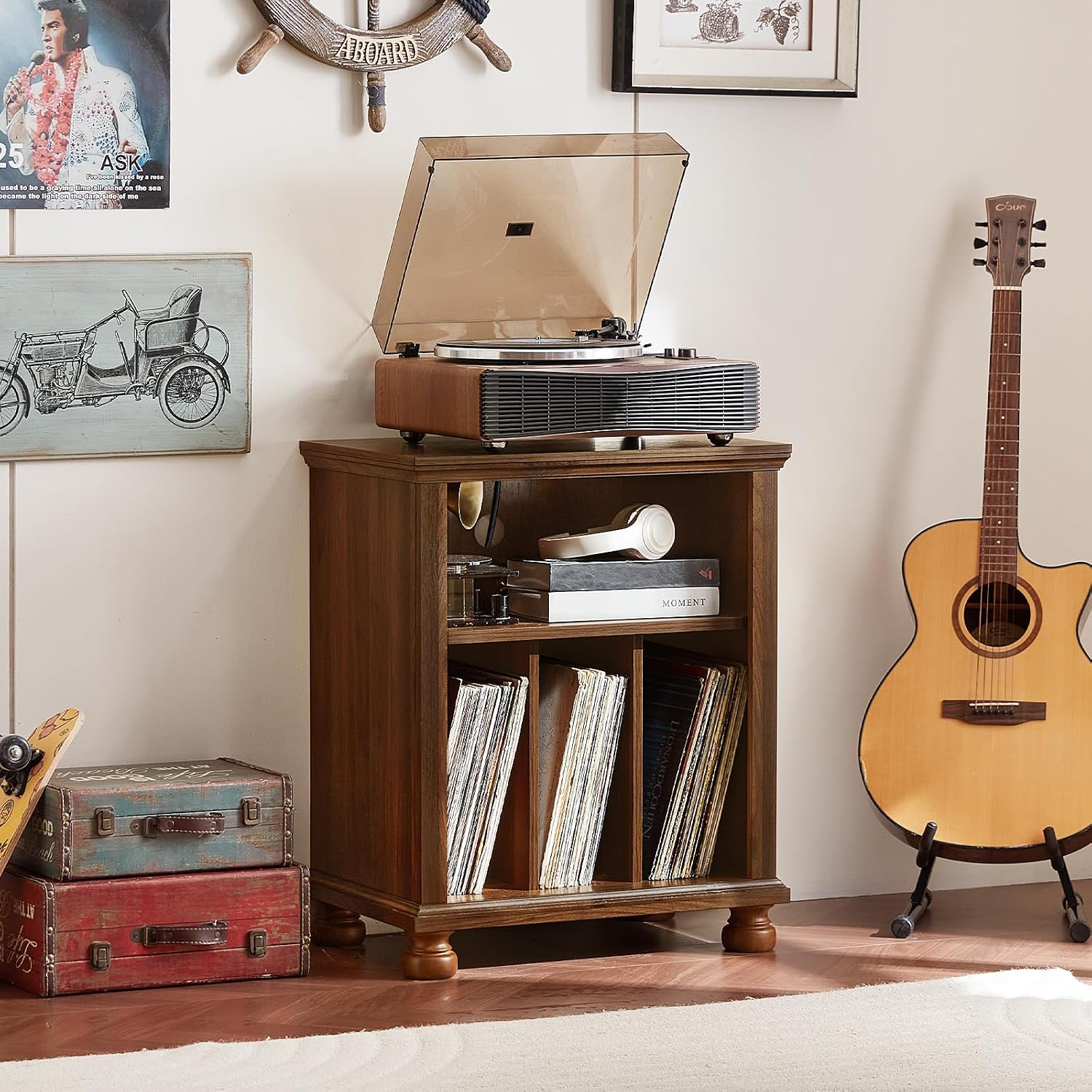 Joaxswe Record Player Stand with Charging Station Up to 200 Albums
