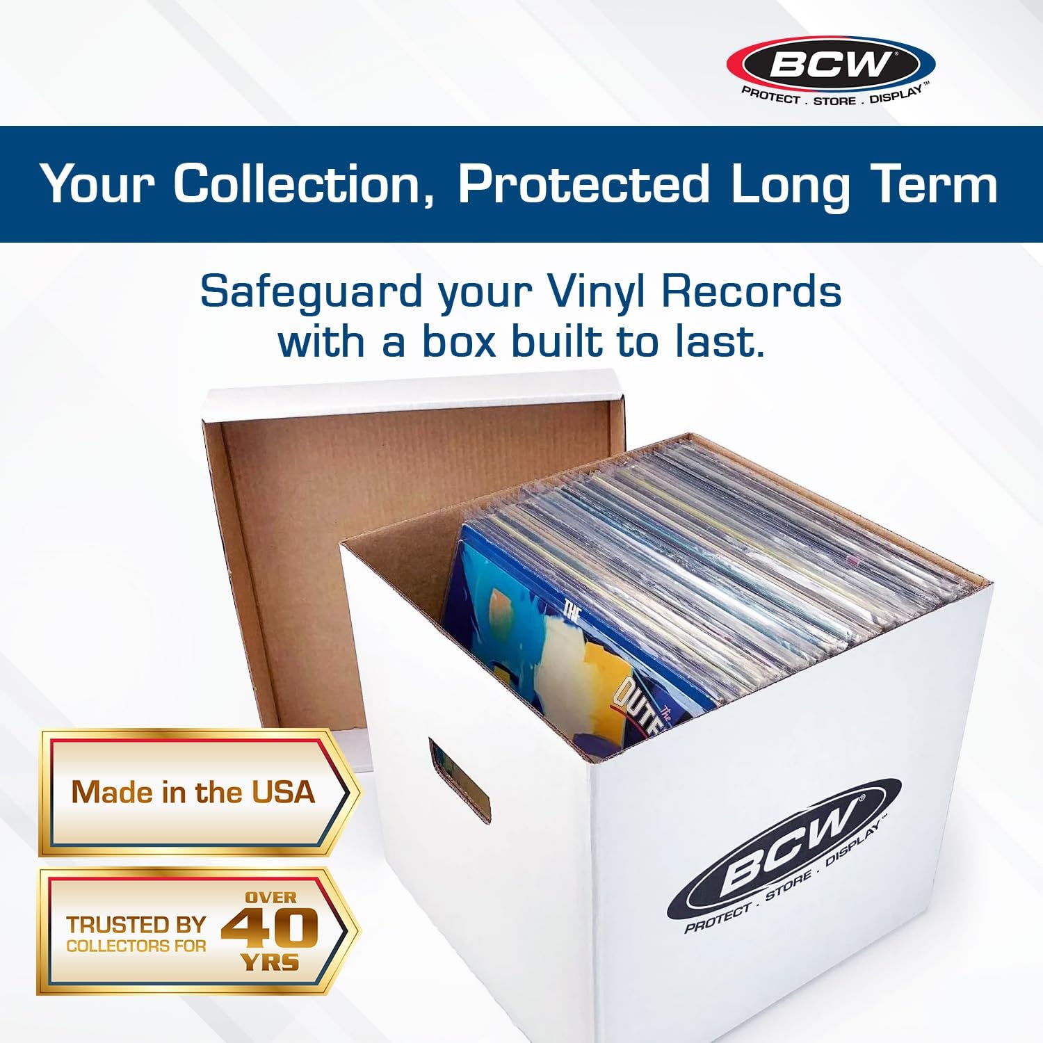 BCW Vinyl Record Storage Boxes – 10 Pack | Holds 65 LPs Each | Stackable Vinyl Record Storage Box with Reinforced Bottom & Handles | Archival Record Organizer for 12-Inch Albums