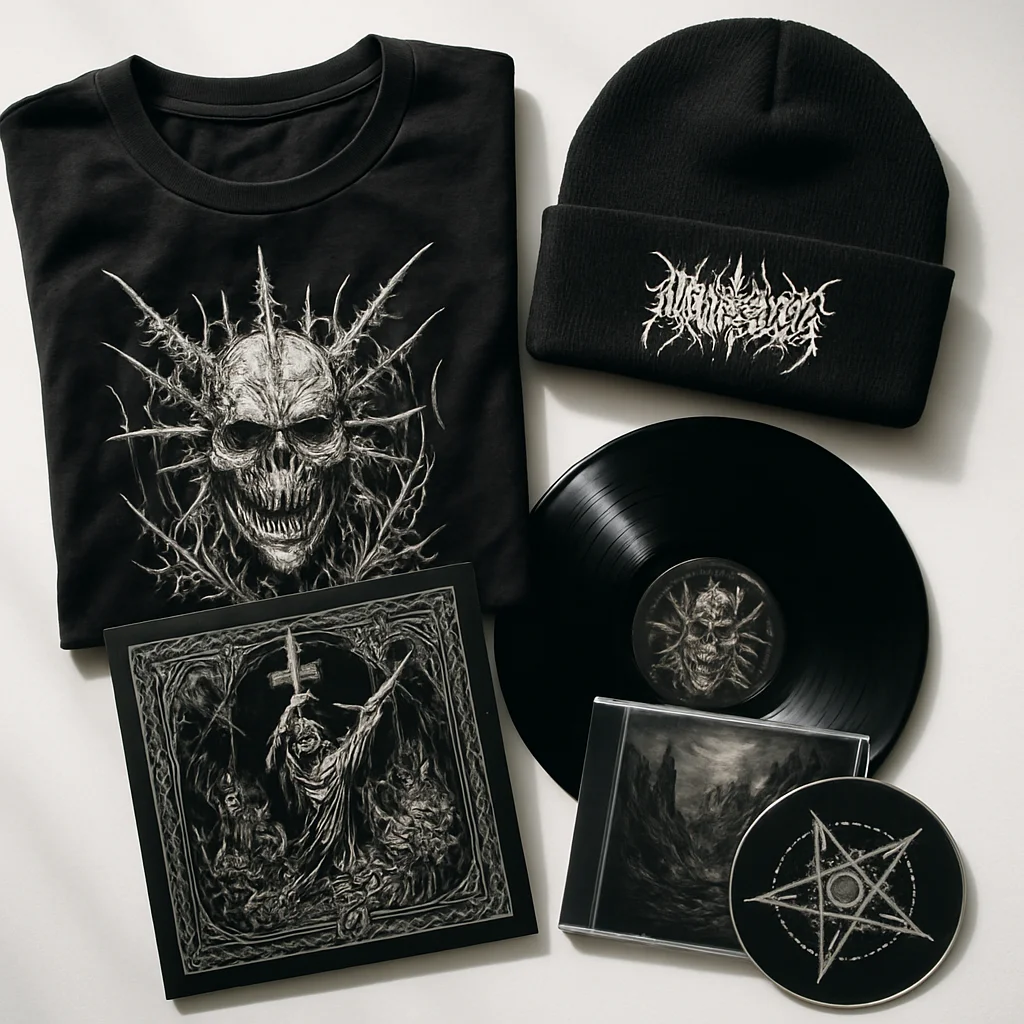 A dimly lit record shelf stacked with colored vinyl pressings beside a folded stack of vintage band tees and a heavyweight embroidered hoodie, shot in a lived-in bedroom that doubles as a shrine to heavy music